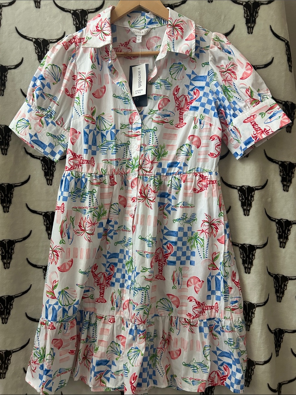 NWT Crown & Ivy Lobster Coastal Print Tiered Shirt Dress Size S - Picture 1 of 10